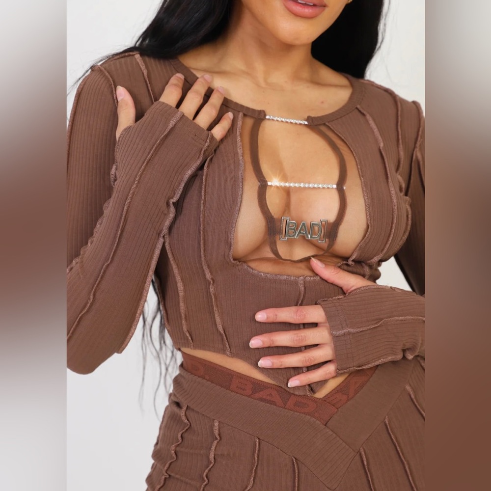 Bad Society Club: ICY RIBBED CROP TOP- MOCHA BROWN